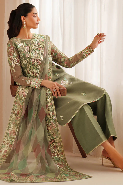 Farasha Embroidered Chiffon Suit Olive Dazzle