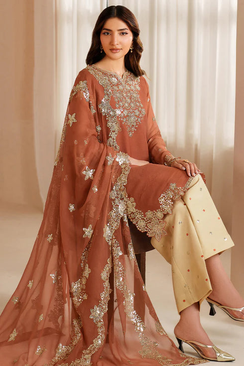 Farasha Embroidered Chiffon Suit Warm Saffron