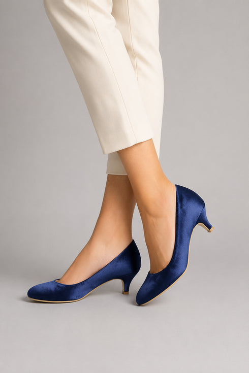 Women Round Toe Kitten Heel Shoes Navy Satin G-20