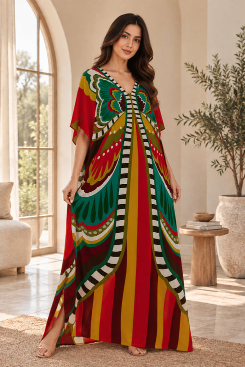 Women’s Red Butterfly-Print Plus-Size Kaftan Beach Cover-Up