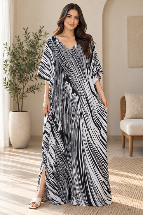Women’s I-Black White Stripes Plus-Size Kaftan Beach Cover-Up