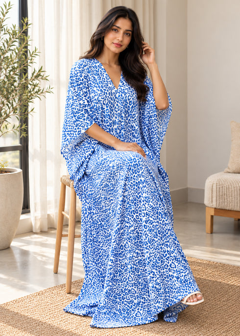 Women’s Blue Leopard-Print Maxi Kaftan Beach Cover-Up – Relaxed Fit
