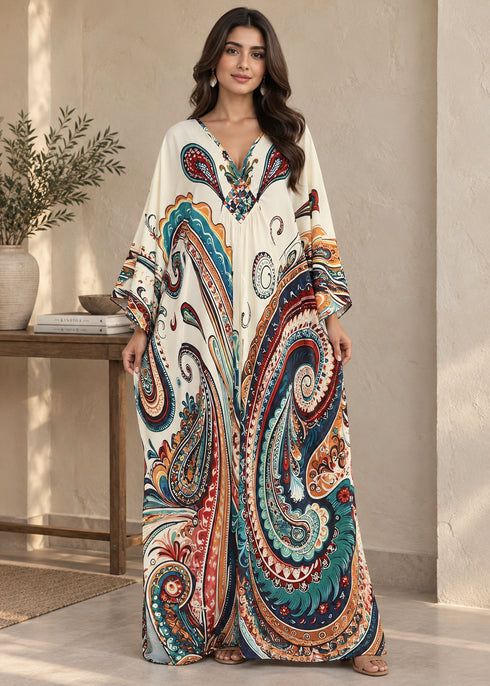 Women’s Beige Maxi Kaftan Beach Cover-Up – Relaxed Fit