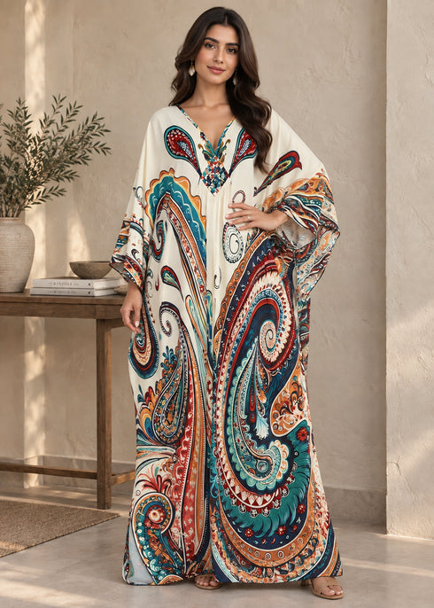 Women’s Beige Maxi Kaftan Beach Cover-Up – Relaxed Fit
