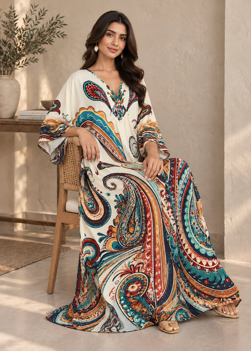Women’s Beige Maxi Kaftan Beach Cover-Up – Relaxed Fit
