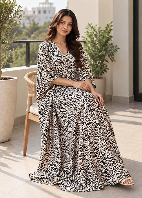 Women’s Leopard Grey Yellow Maxi Kaftan Beach Cover-Up – Relaxed Fit