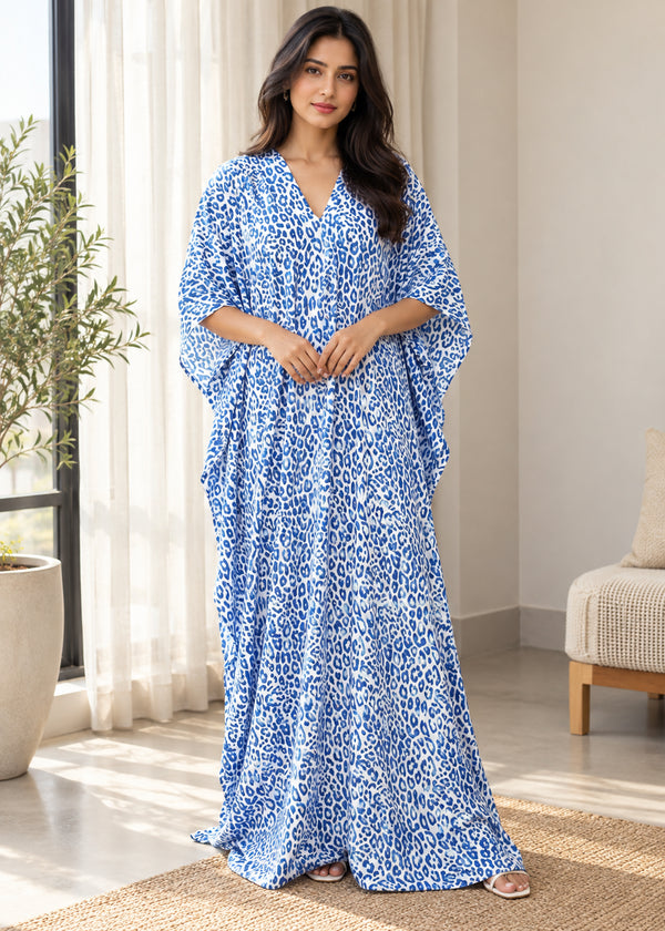 Women’s Blue Leopard-Print Maxi Kaftan Beach Cover-Up – Relaxed Fit