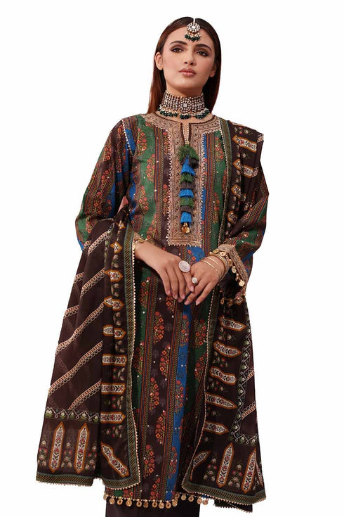 Gul Ahmed 3PC Unstitched Embroidered Printed Lawn Suit with Zari Stripe Dupatta ST-42007