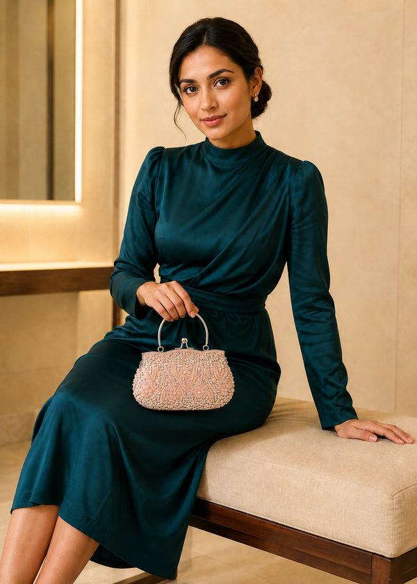 HONGCI Women’s Peach Rose Beaded Clutch Bag with Chain – Vintage Sequin Bridal and Evening Bag