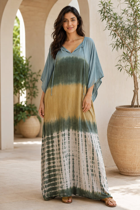 Blue-Gray Women’s Printed Cotton Kaftan Maxi Dress – Loose Beach and Swimwear Cover-Up
