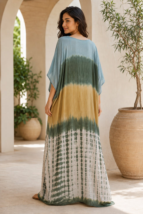 Blue-Gray Women’s Printed Cotton Kaftan Maxi Dress – Loose Beach and Swimwear Cover-Up