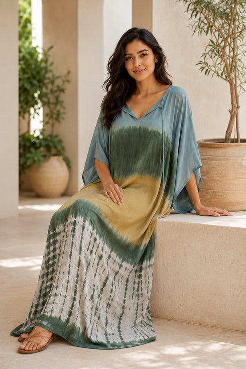 Blue-Gray Women’s Printed Cotton Kaftan Maxi Dress – Loose Beach and Swimwear Cover-Up