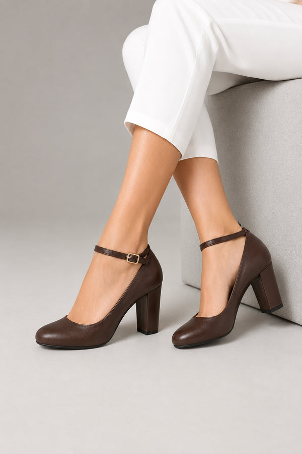 Brown Matte Ankle Strap Block Heel Court Shoes– G-1829