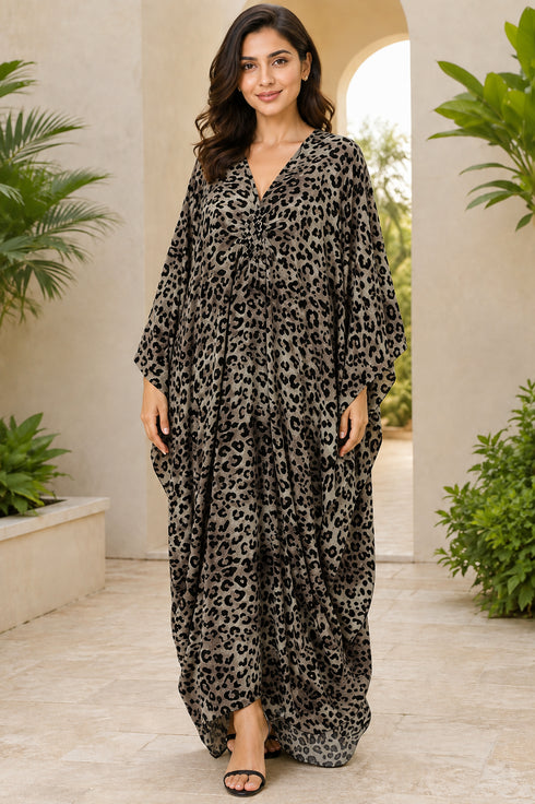Black Leapord Women’s Printed Cotton Kaftan Maxi Dress – Loose Beach and Swimwear Cover-Up