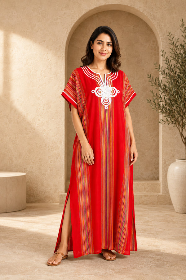 Women’s Red Moroccan Embroidered Kaftan Dress – Lightweight Boho Beach Cover-Up & Summer Maxi Dress