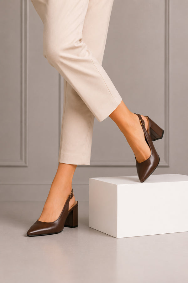 Brown Block Heel Slingback Court Shoes G-285-4