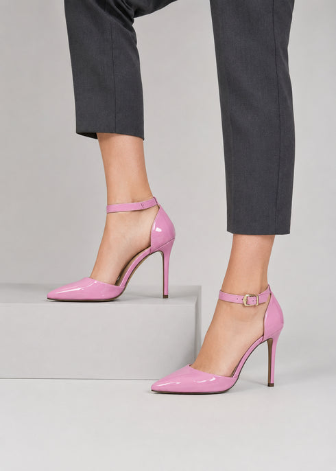 Women's Pink Patent Ankle Strap Stiletto Court Shoes Pointed Toe 221