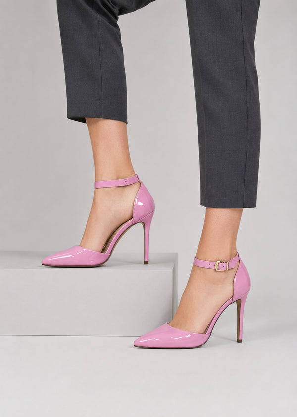 Women's Pink Patent Ankle Strap Stiletto Court Shoes Pointed Toe 221