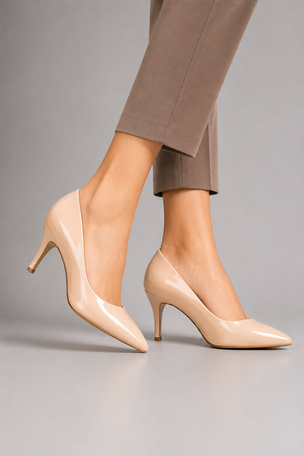 Womens Mid Heels Pointed Toe Party Court Shoes- Nude Patent G-923-4