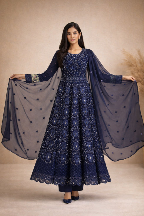 Baba Posh Navy Blue Embroidered Chiffon Maxi Suit with Sequins & Stone Work BP-01