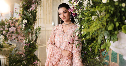 Maria B 3 Piece Embroidered Chiffon Suit MPC-26-104-Peach Pink