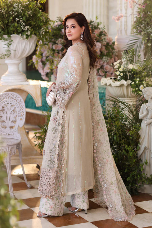 Maria B 3 Piece Embroidered Chiffon Suit MPC-26-107-Ivory Beige