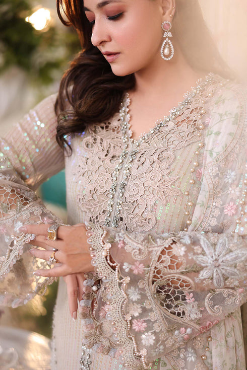 Maria B 3 Piece Embroidered Chiffon Suit MPC-26-107-Ivory Beige