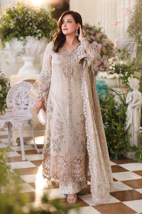 Maria B 3 Piece Embroidered Chiffon Suit MPC-26-107-Ivory Beige