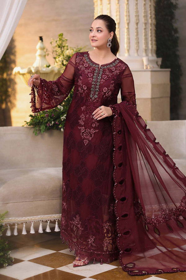 Maria B 3 Piece Embroidered Chiffon Suit MPC-26-108-Burgundy