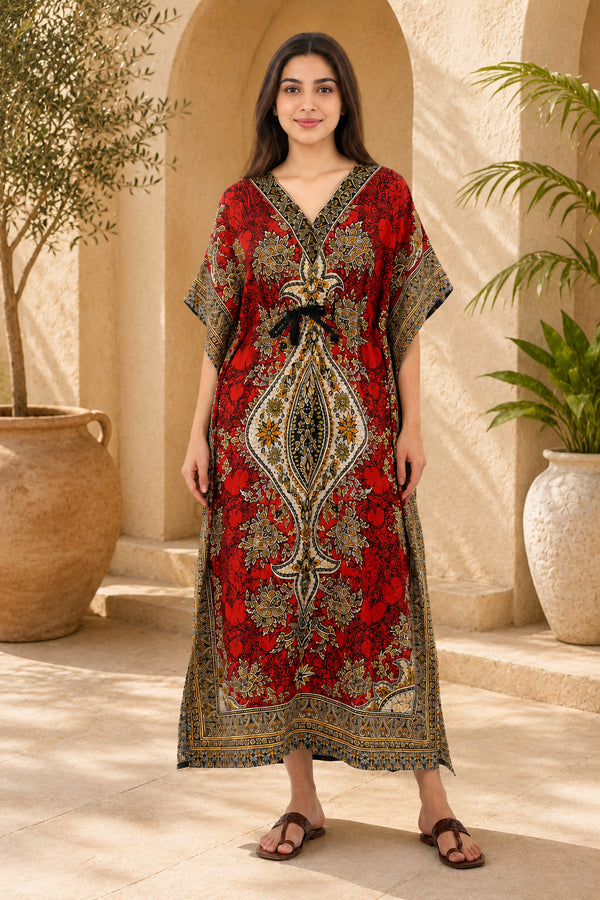 Divine Threads Women’s Floral Print Kaftan Dress – Plus Size V-Neck Beach Cover-Up with Drawstring Waist