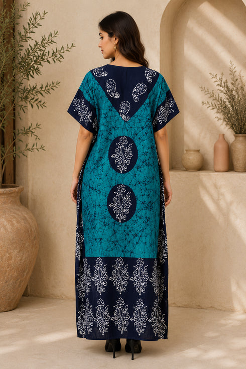 Divine Threads Women’s 100% Cotton Batik Print Kaftan – V-Neck Maxi Dress with Drawstring Waist