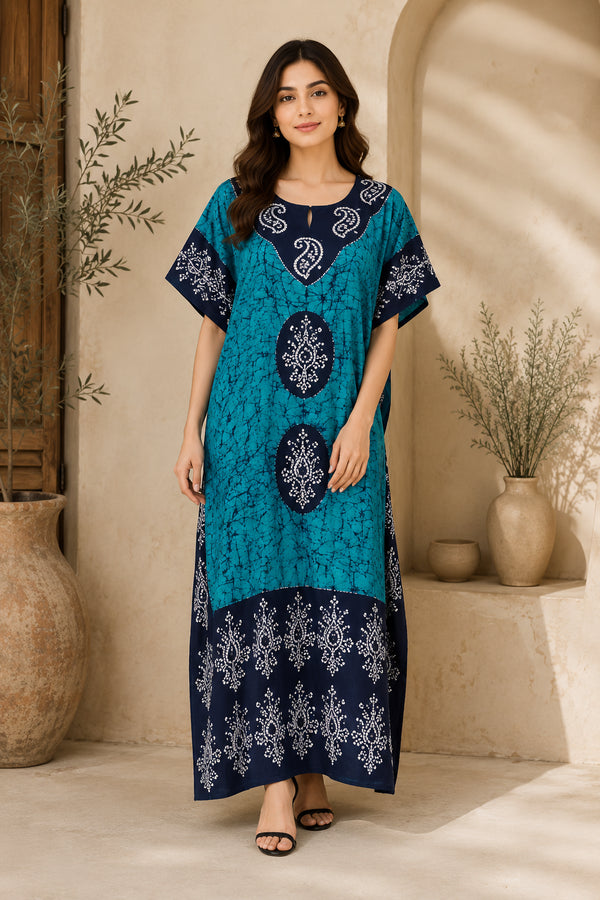 Divine Threads Women’s 100% Cotton Batik Print Kaftan – V-Neck Maxi Dress with Drawstring Waist