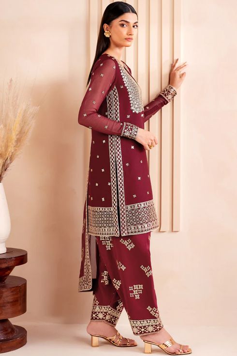 Farasha Chiffon 3 Piece Suit Carmine