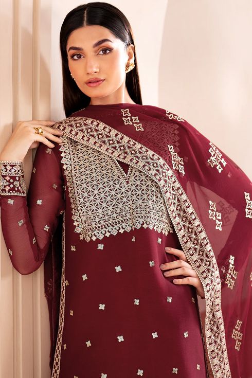 Farasha Chiffon 3 Piece Suit Carmine