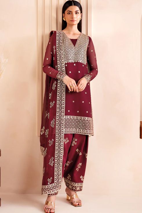 Farasha Chiffon 3 Piece Suit Carmine