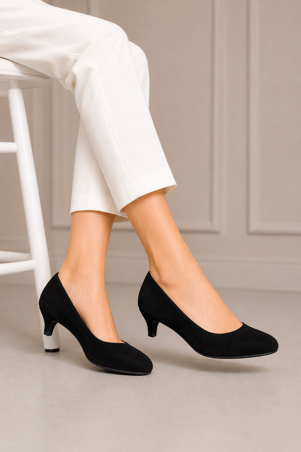 Women's Black Suede Low Kitten Heel Court Shoes Round Toe — G20