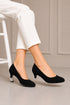 Women's Black Suede Low Kitten Heel Court Shoes Round Toe — G20