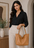 LassZone Khaki Large Vegan Leather Tote Bag for Women with Inner Zip Pocket