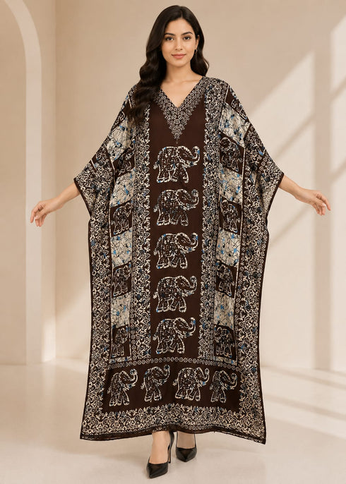 Women’s Pink Elephant Brown Kaftan Dress – Long Free-Size Batwing Maxi Cover-Up with Adjustable Strap