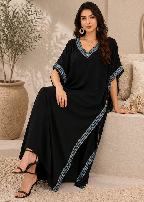 Women’s Embroidered V-Neck Kaftan Dress – Long Boho Beach Cover-Up with Batwing Sleeves