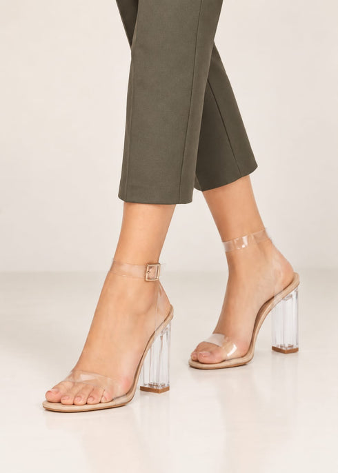 Women's Nude Patent Clear Strap Block Perspex High Heel Sandals-BS-71