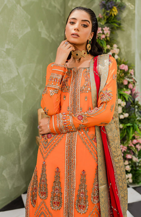 Maryam N Maria Embroidered Chiffon 3 piece suit Orange Ochra FFD-0111