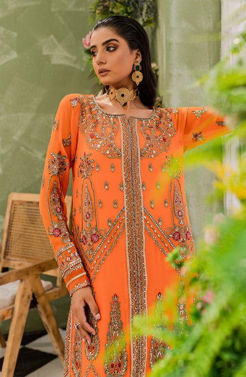 Maryam N Maria Embroidered Chiffon 3 piece suit Orange Ochra FFD-0111