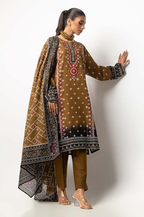 Gul Ahmed 03 Piece Stitched Printed Lawn Shirt Dupatta Dyed Trouser KJP-43164