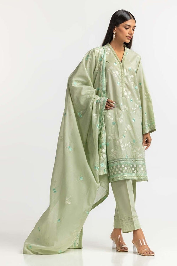 Gul Ahmed 03 Piece Stitched Embroidered Denting Lawn Shirt Dupatta Dyed Trouser KJP-43167