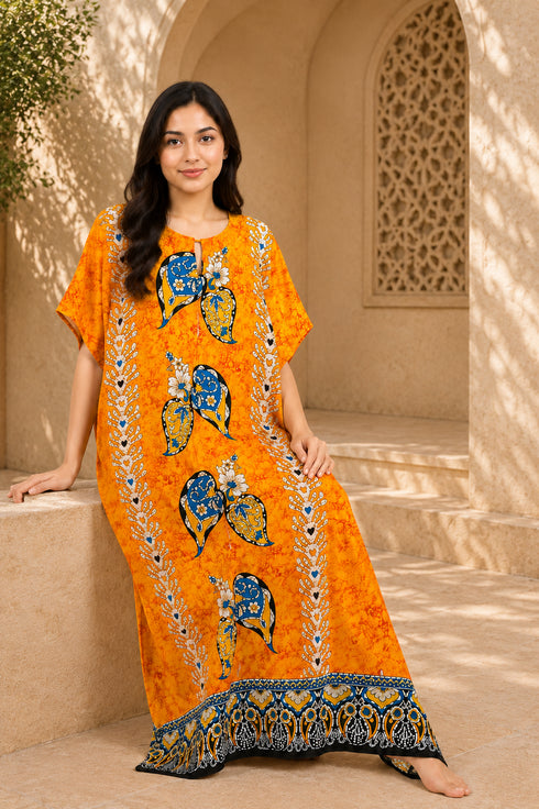 Women’s 100% Cotton Ethnic Print Kaftan Dress – Plus Size Long Beach Cover-Up with Pockets
