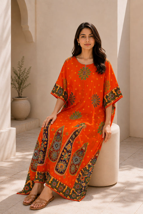Women’s 100% Cotton Paisley Print Kaftan Dress – Plus Size Beach Cover-Up with Pockets