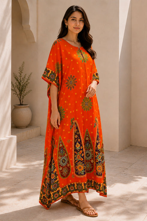 Women’s 100% Cotton Paisley Print Kaftan Dress – Plus Size Beach Cover-Up with Pockets