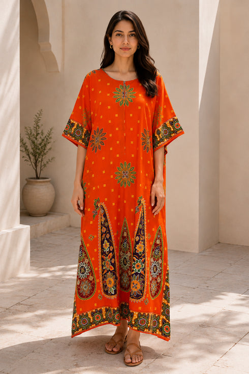Women’s 100% Cotton Paisley Print Kaftan Dress – Plus Size Beach Cover-Up with Pockets
