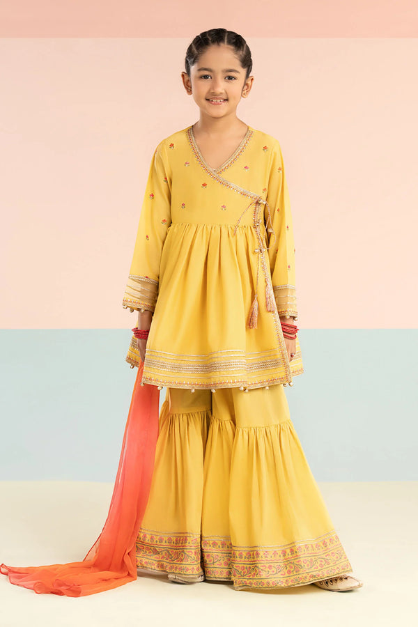 Maria B Kids 3 Piece Embroidered Dobby Lawn Suit MKD-EF26-17-Yellow-2-4